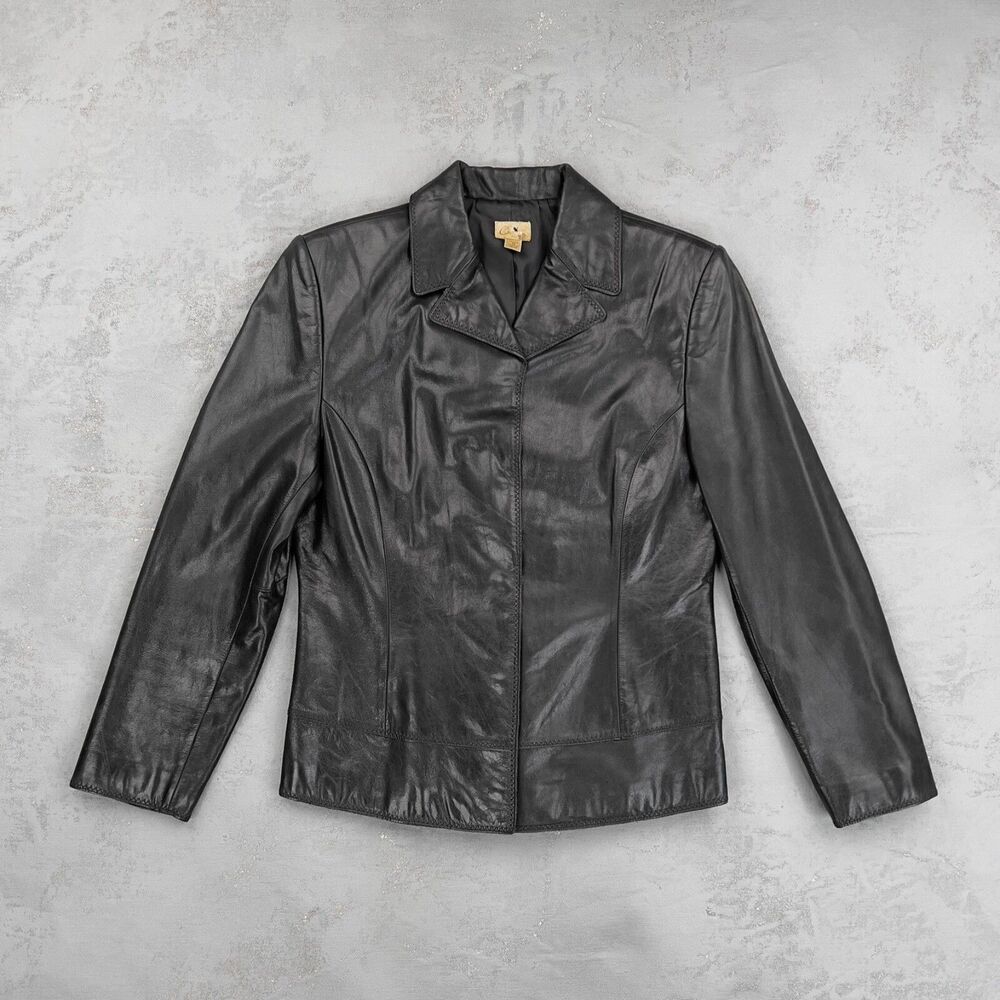 Vintage Caslon Black Leather Snap Front Jacket Women's Petite Medium